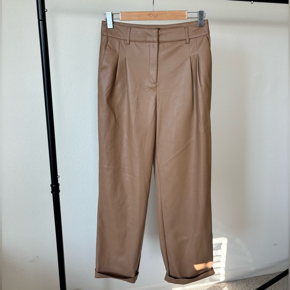 House of Harlow 1960 Pants - House Of Harlow 1960 Tan Vegan Faux Leather Front Pleats Trouser Pants 6